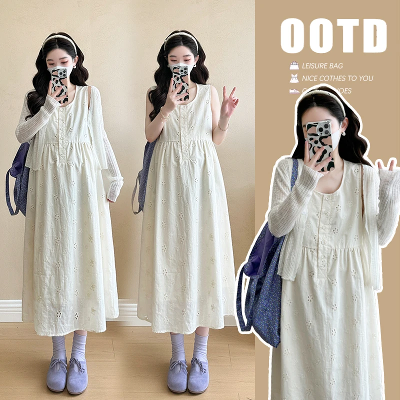 时尚~孕妇背心连衣裙新款纯棉刺绣圆领无袖a字裙宽松显瘦孕妇长裙