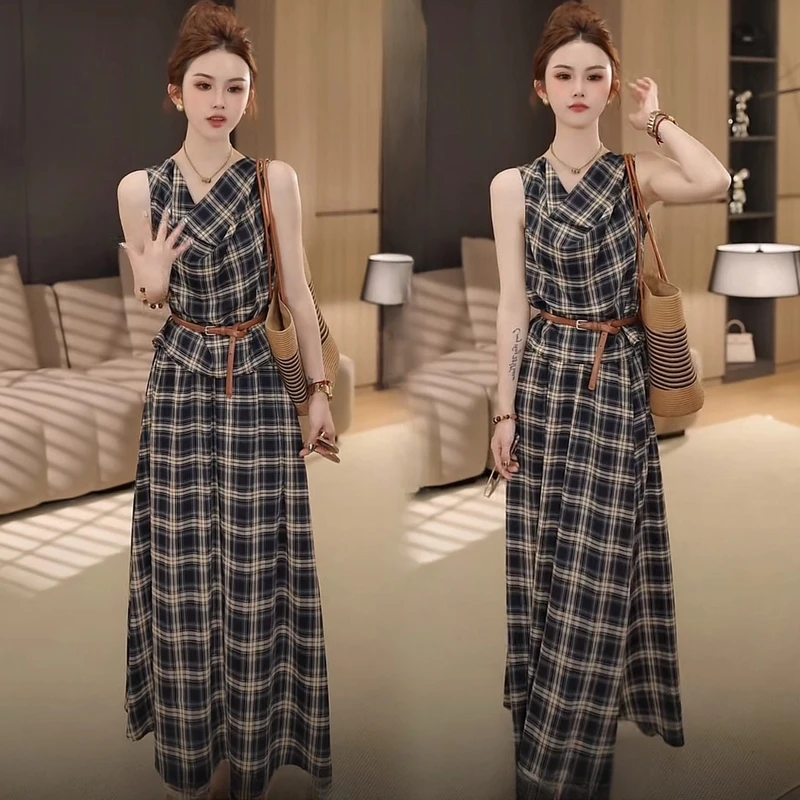 （定格时光）气质女神范时尚套装女高腰荡领显瘦法式格纹韩系两件