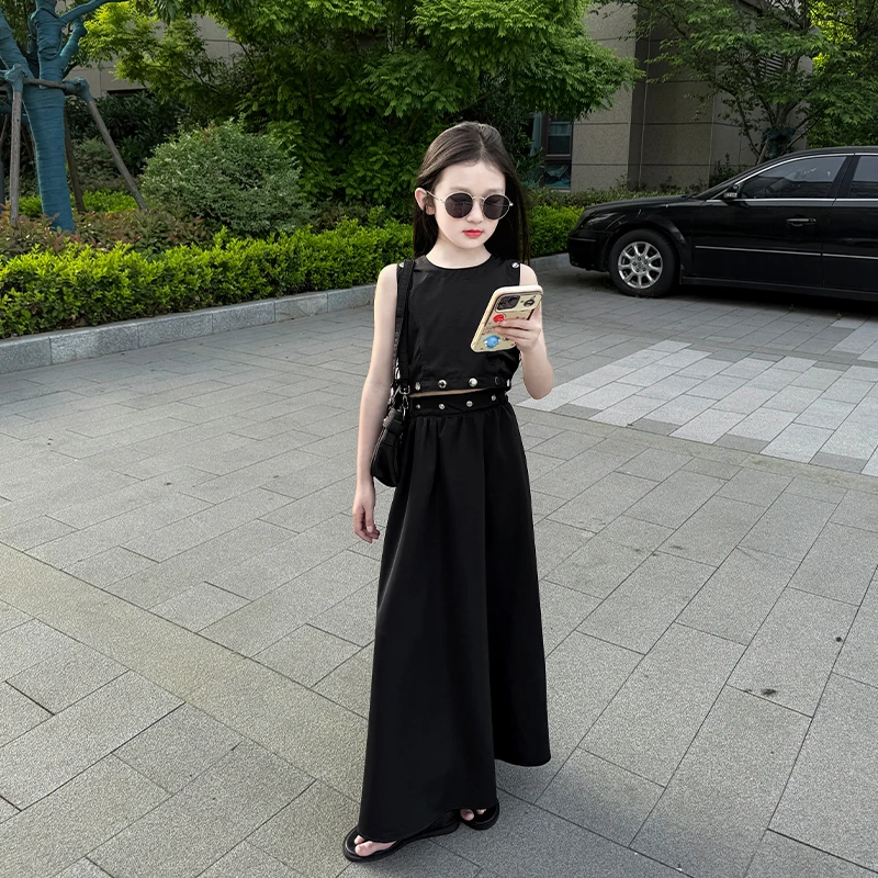 女童夏装2025新款夏季中大童时尚炸街无袖背心钉扣半身裙两件套潮