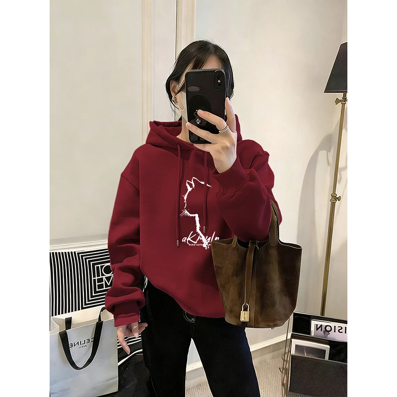 加绒加厚短款连帽卫衣女2026新年本命年新款宽松小个子设计感上衣