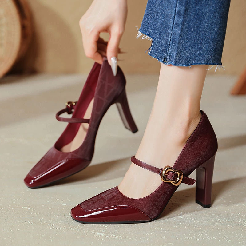 2025新款拼接法式方头单鞋高跟玛丽珍鞋一字带性感红色高跟鞋