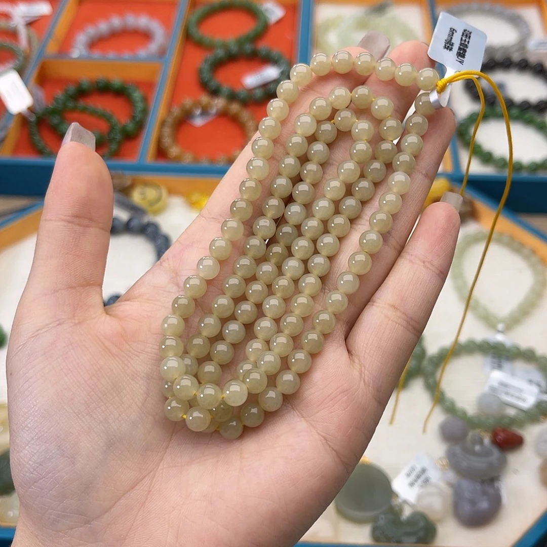 和田玉未镶嵌手链w65蜂蜜水6mm108