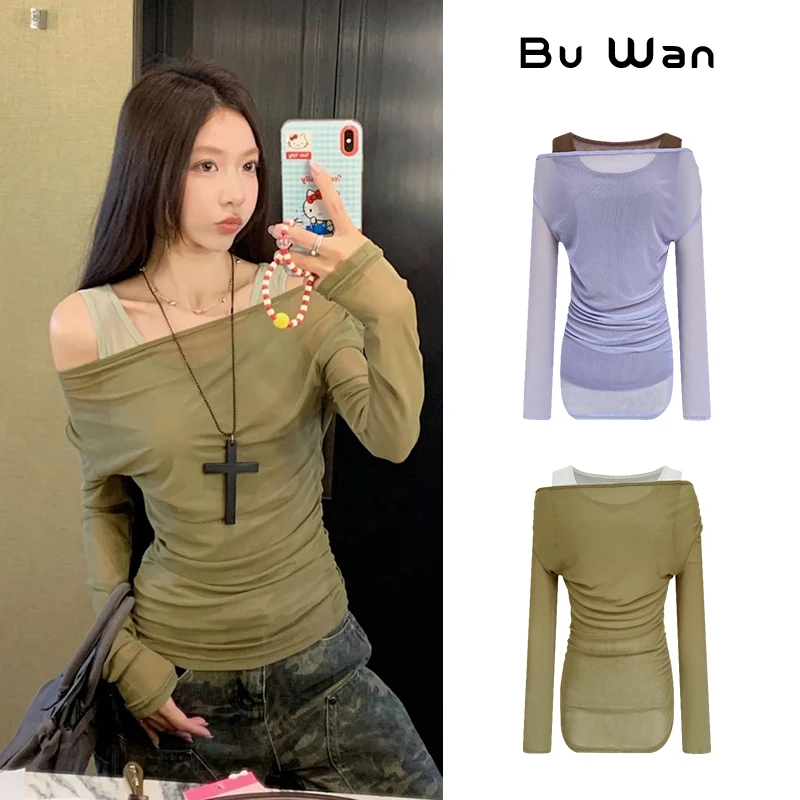 撞色拼接假两件网纱薄款长袖T恤夏季修身显瘦一字肩防晒上衣X3615