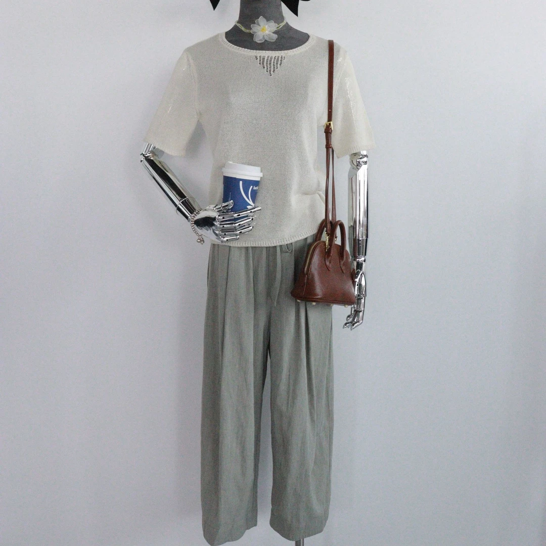 松弛感圆领和纸纱白色镂空针织衫上衣女宽松慵懒风短袖T恤罩衫