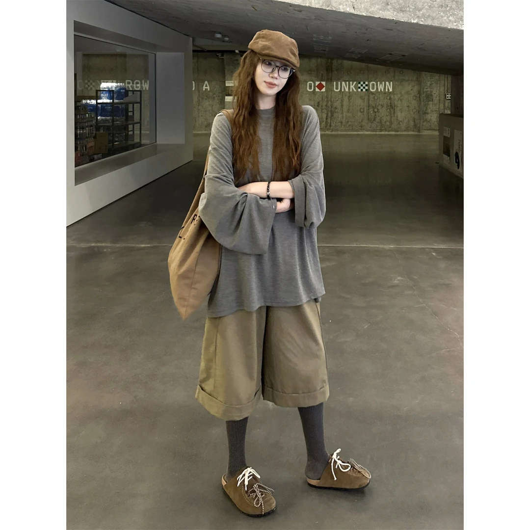 韩系早秋穿搭慵懒风高级感巨好看的灰色宽松t恤七分阔腿裤套装女