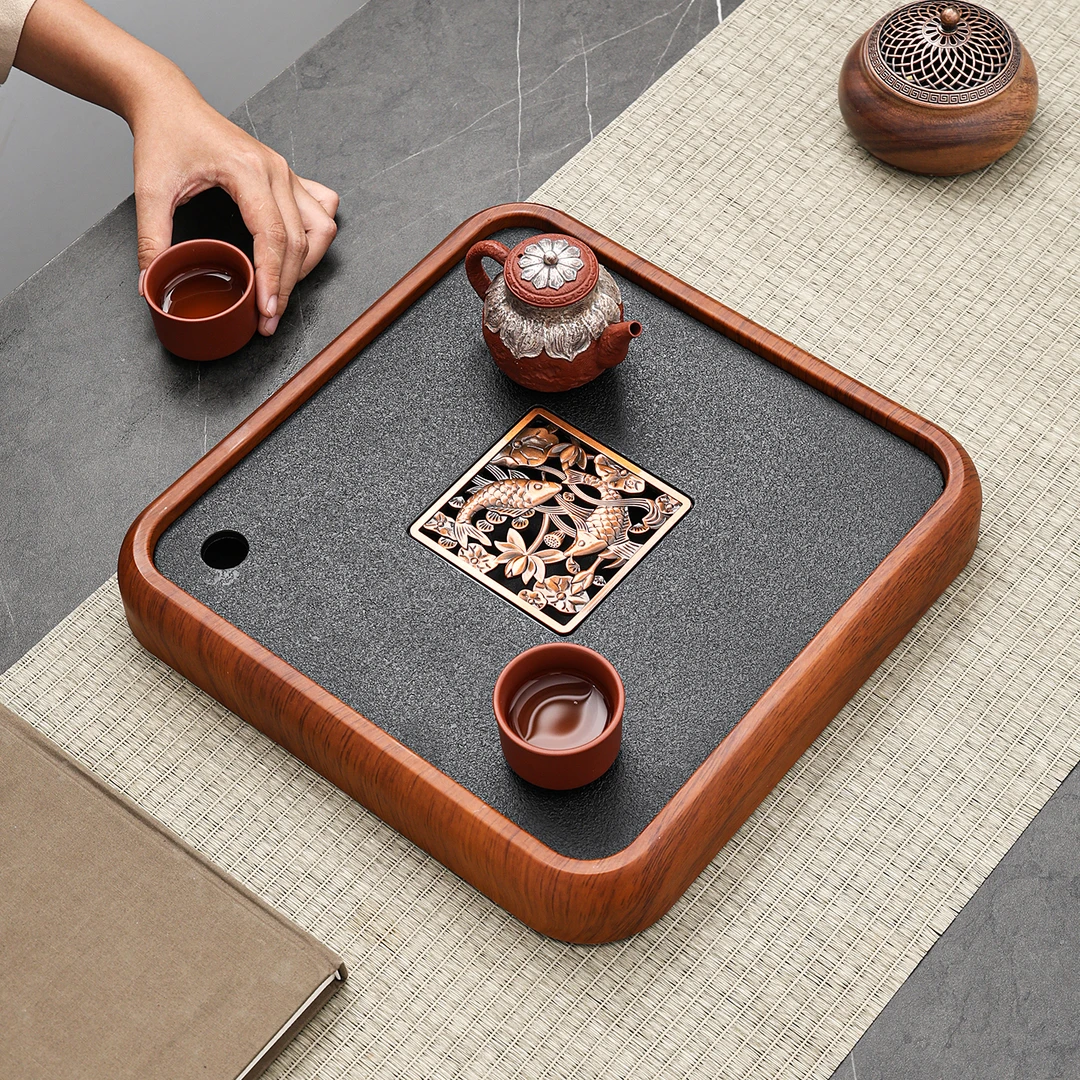 家用密胺仿乌金石方形茶盘小型储水式干泡两用茶台简约轻奢复古