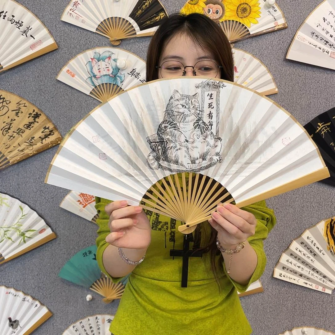 国画8寸玉竹-纯手绘-文玩扇骨（默认粘好）