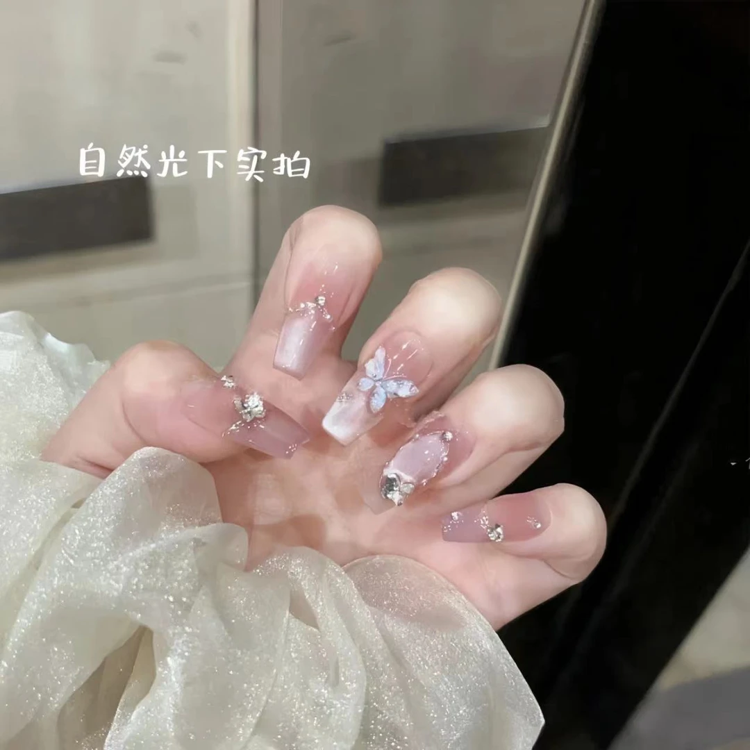 【月光银蝶】蝴蝶冰透渐变美甲猫眼显白纯手工穿戴甲