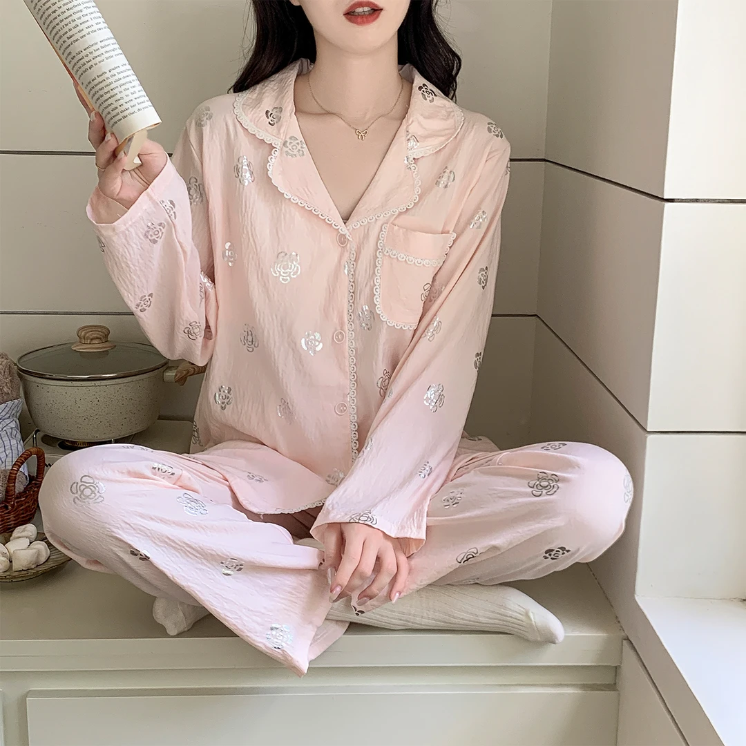 带胸垫睡衣女款春秋季高级感蕾丝花边长袖长裤2025新款冬季家居服