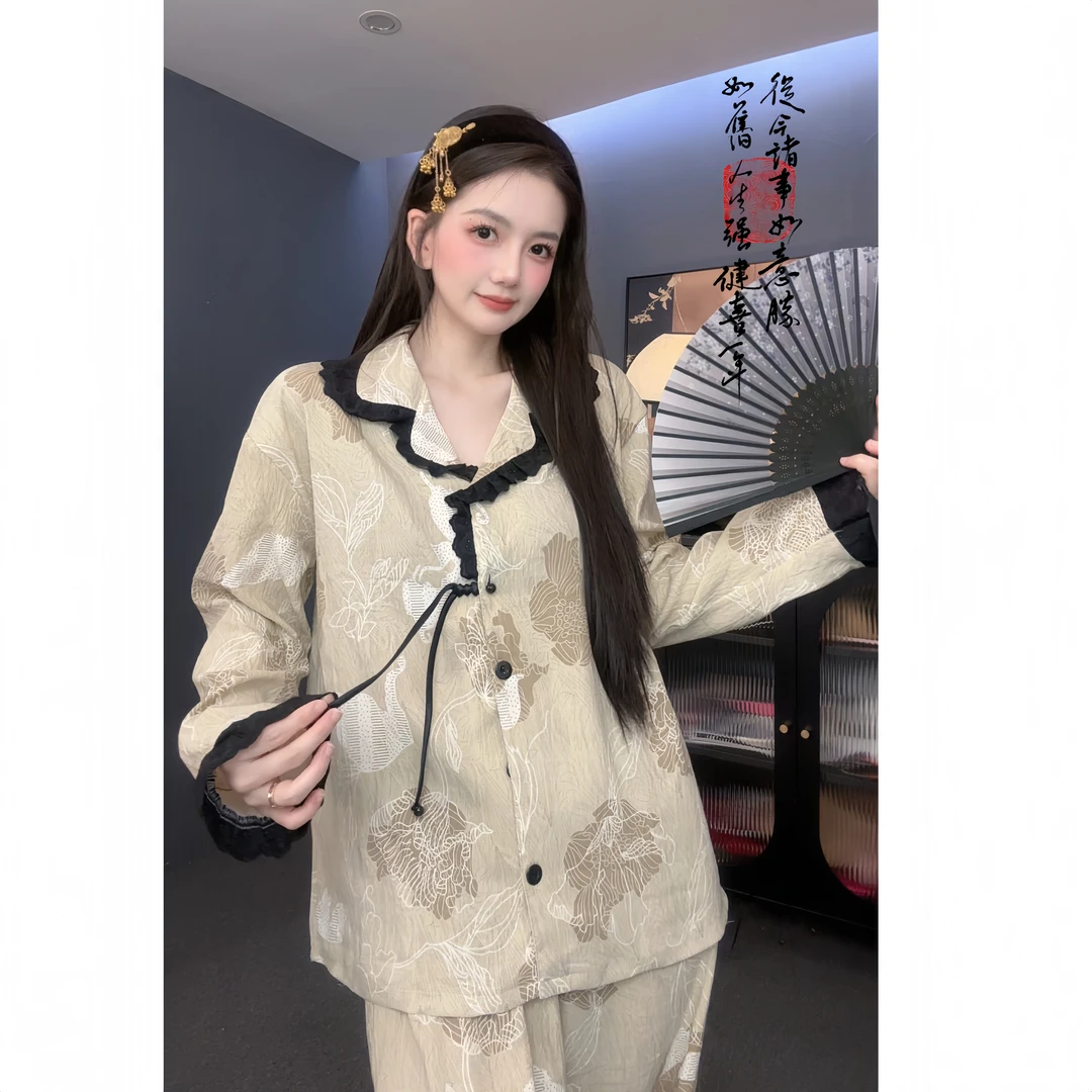 【秋意浓】新中式设计长袖睡衣套装女秋季薄款两件套家居服可外穿
