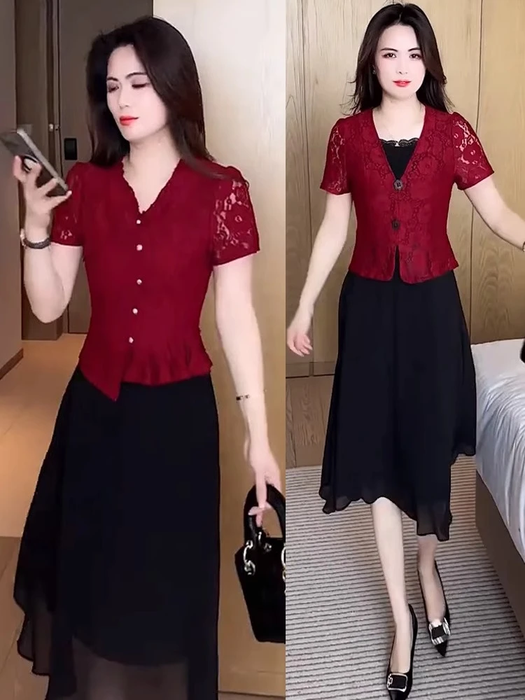 2025夏季新款洋气质连衣裙女收腰显瘦假两件蕾丝拼接短袖中长裙子