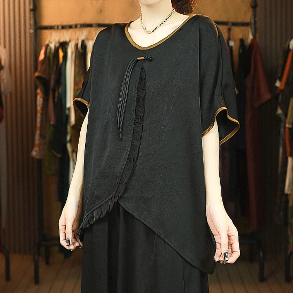 【白雪.荐选】桑蚕丝开叉黑上衣气质大码遮肉宽松衬衫上衣k234