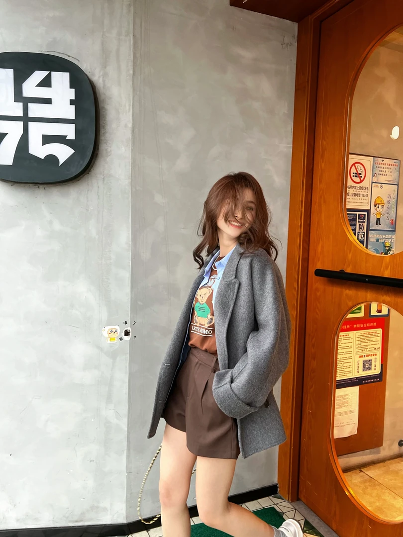 气质百搭小个子女毛呢外套秋冬休闲时尚宽松双面呢短款