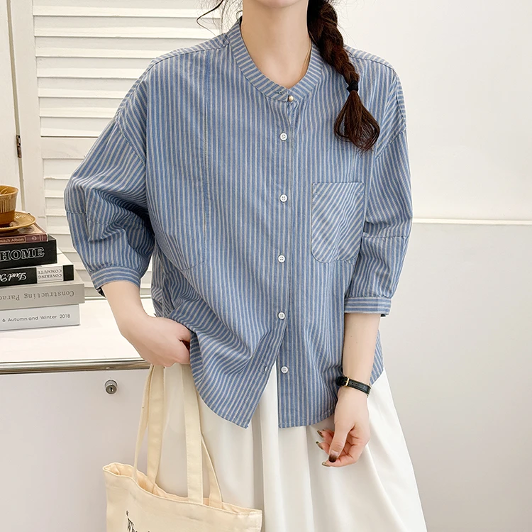 夏季圆领条纹宽松型通用通勤衬衫中袖薄款宽松五分袖
