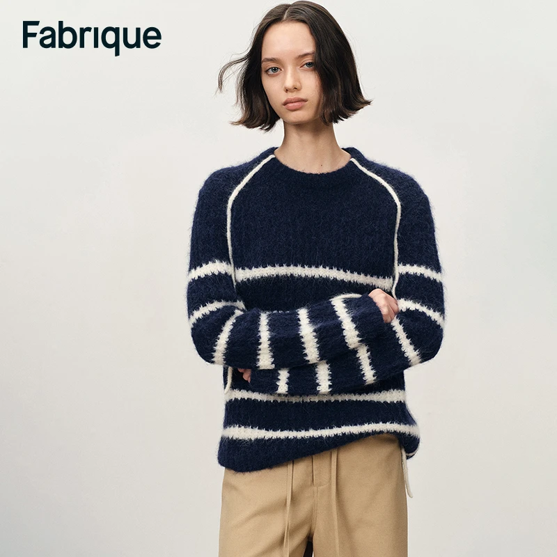 Fabrique Rita 秋冬新品海军蓝航海风不规则条纹羊驼毛针织毛衣