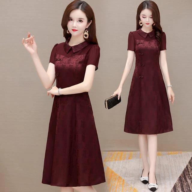 中年妈妈拼接连衣裙2025夏季新款收腰显瘦气质减龄中长款气质