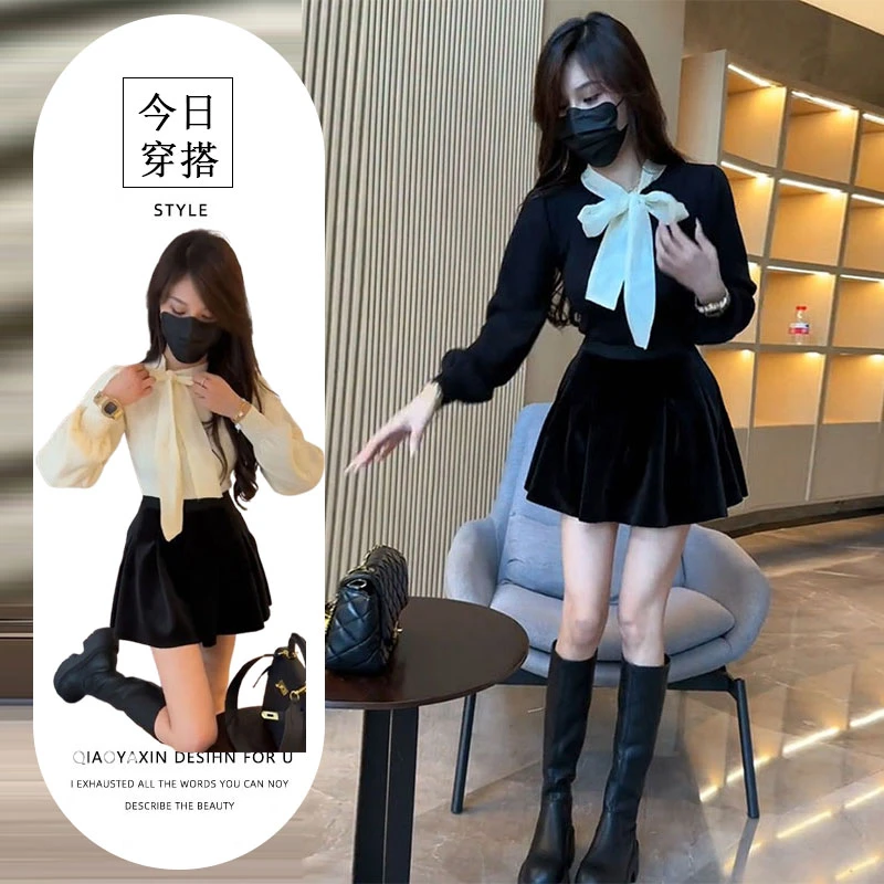 小香风时尚蝴蝶结上衣套装女秋冬小个子搭配显高洋气丝绒裙两件套