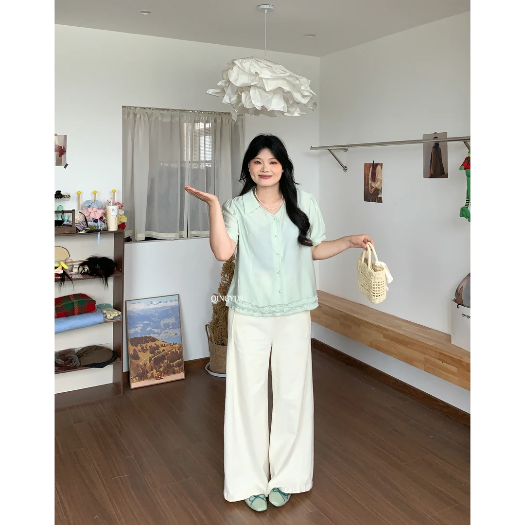 青屿衫-设计感木耳边衬衫法式小众修身上衣微胖显瘦春季大码女装