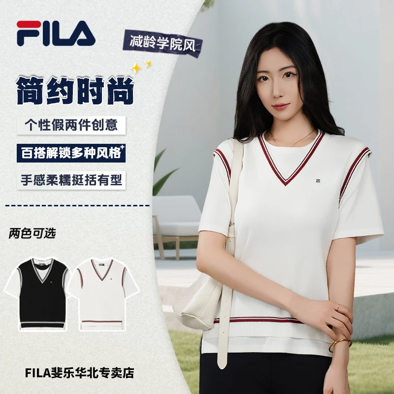 【简约时尚】/斐乐女夏季新款舒适休闲针织短袖宽松条纹假两件