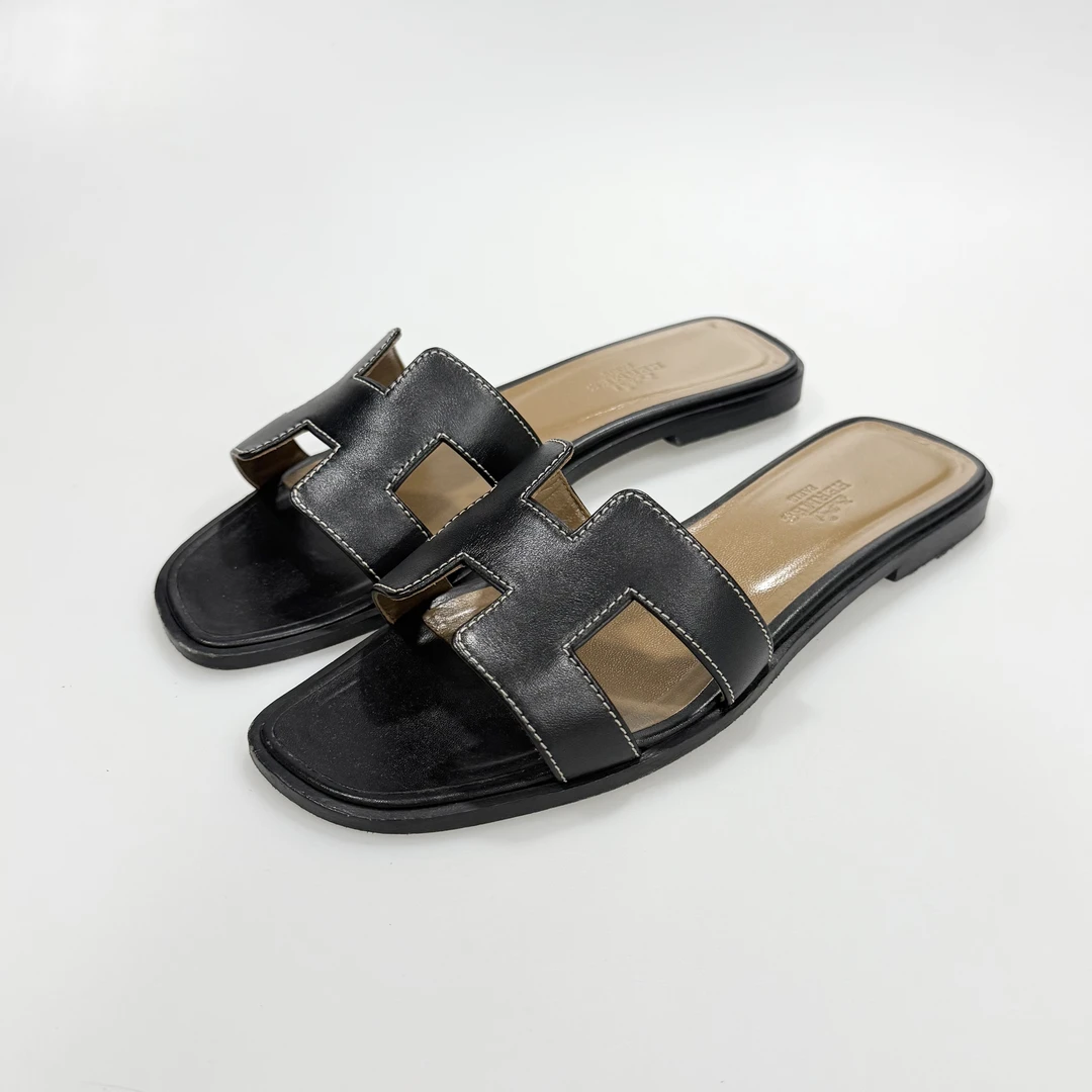 95新 Hermes/爱马仕 36.5码Hermes 经典款H拖鞋 黑色95新