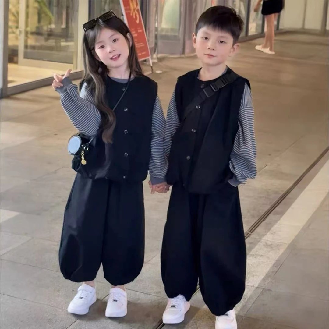 儿童三件套装新款男女童洋气时尚兄妹马夹坎肩T恤休闲束脚裤宽松