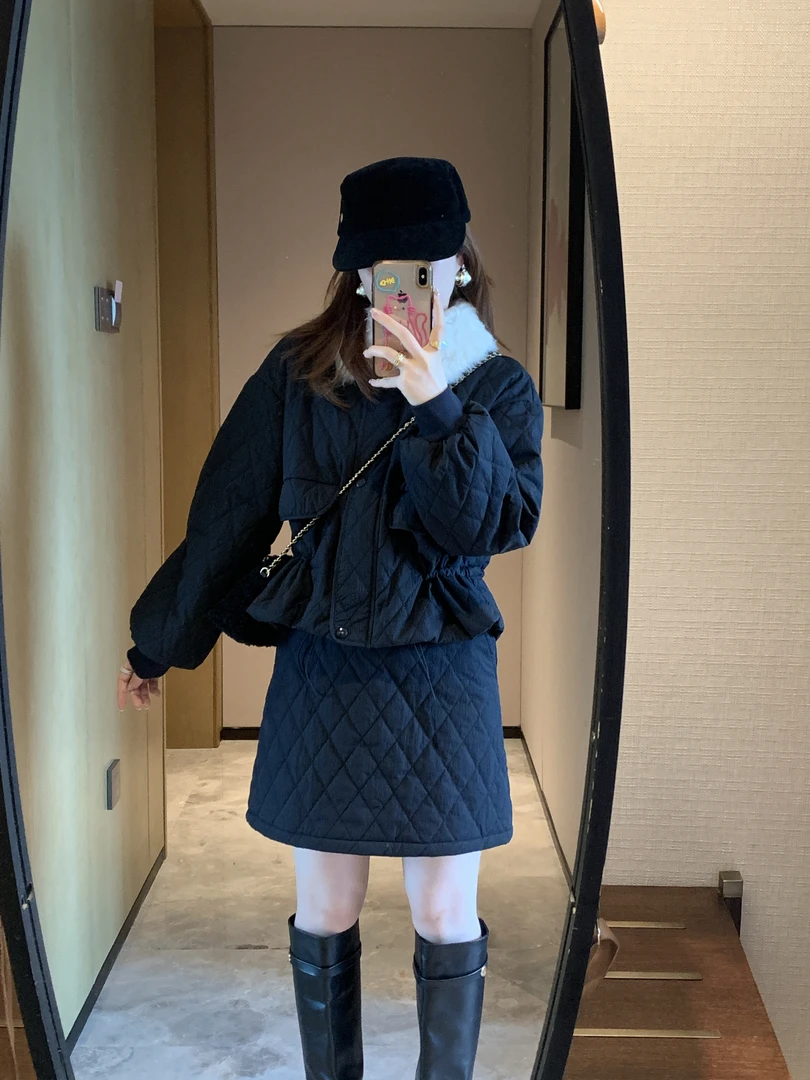 2025新款小香风菱格韩版翻领通勤时尚收腰保暖休闲棉服套装裙