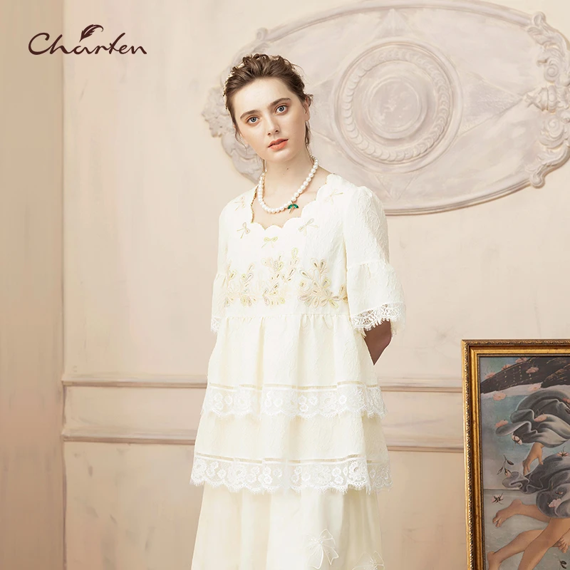 【媛媛专属】朝峰长袖白色夏季夏气质浅黄蕾丝衬衫CFD2E332-3087T