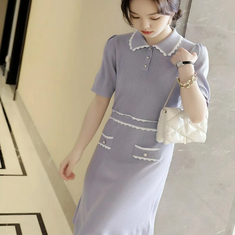 不落俗套夏季冰丝纯色连衣裙裙子小翻领撞色小香风针织连衣裙女