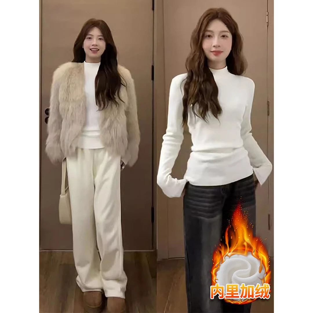 白色正肩高领上衣加绒女秋冬季白色小香风皮草打底衫女韩系穿搭
