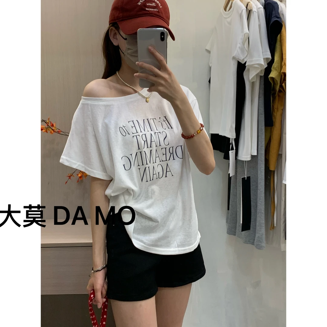 潮款时髦斜肩一字领短袖T恤女竹节棉宽松显瘦打底上衣410