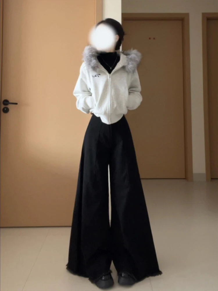 美式复古刺绣毛领拉链卫衣外套女秋冬新款小个子显瘦短款连帽上衣