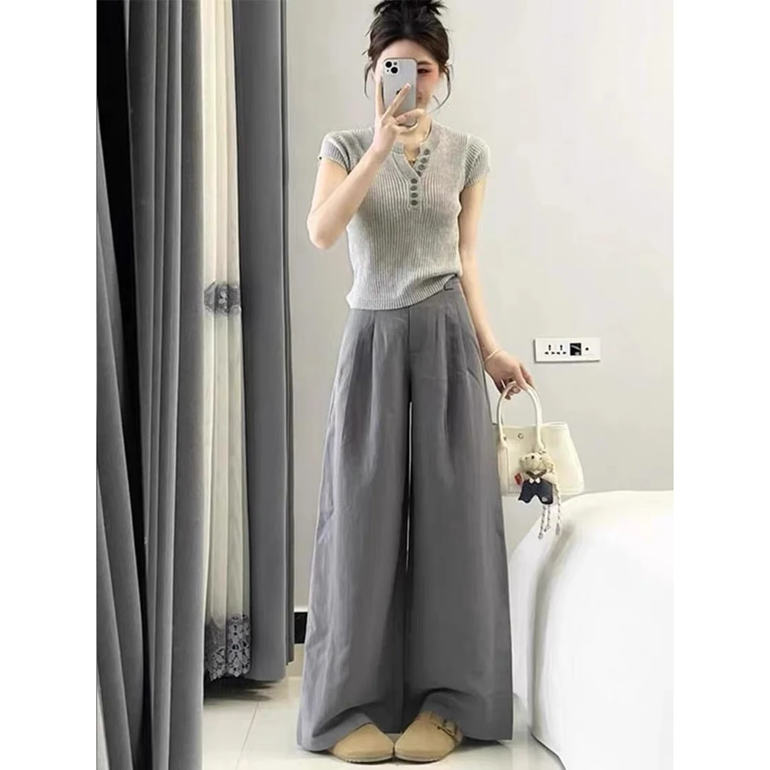 2025初夏搭配一整套大码胖mm气质显瘦洋气针织短袖上衣阔腿裤套装