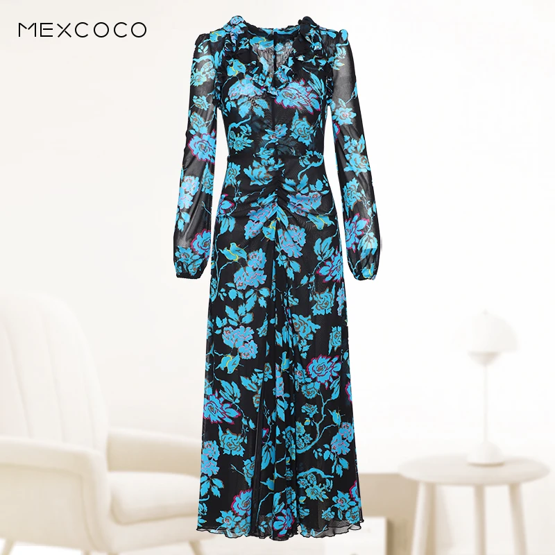 兰瑟儿秋季裙子新款复古清冷感印花褶皱V领长款连衣裙女105QL3305