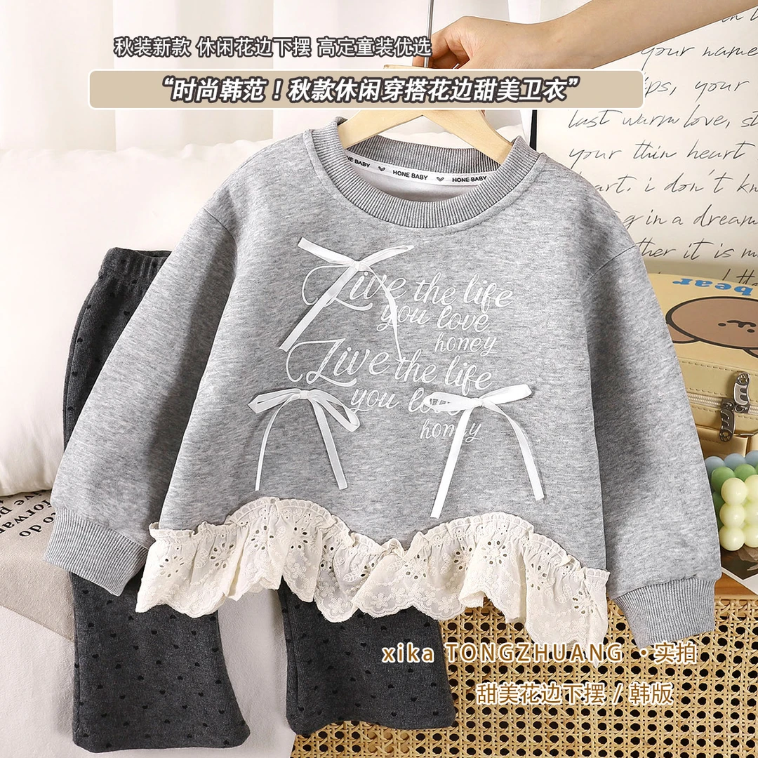 新款时尚女童春秋套头韩版公主风女卫衣秋季女宝花边蝴蝶结高品质