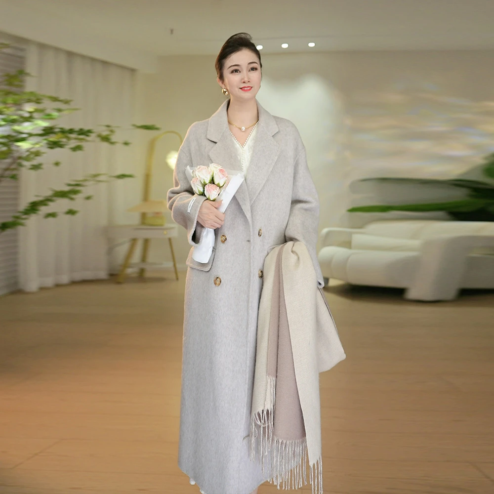 羊毛大衣4扣女士秋冬时尚长毛长款大衣外套