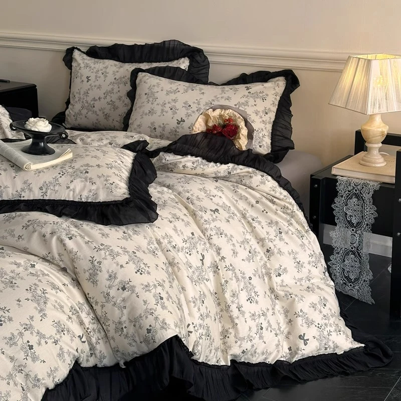 复古法式赫本风花边纯棉床上四件套全棉蕾丝花边被套床单笠三件套