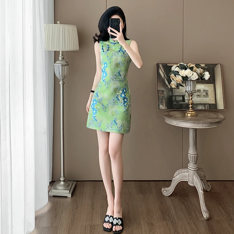 夏季绝美时尚收腰无袖提花旗袍裙气质国风改良新中式盘扣连衣裙