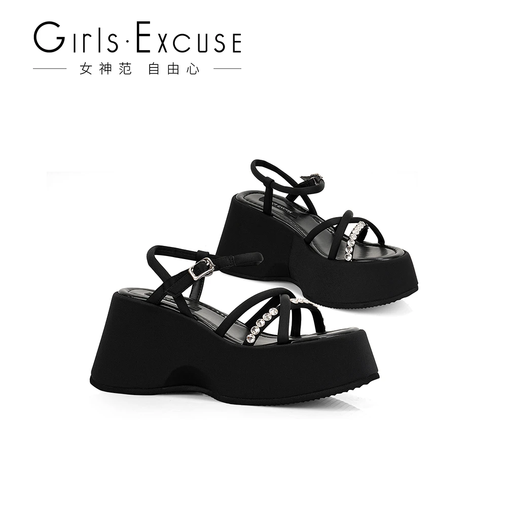 2025夏季新款凉鞋女欧美水钻高跟鞋坡跟防水台露趾厚底凉鞋子1015