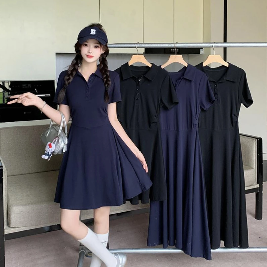 新款胖mm大码女气质显瘦polo领短袖连衣裙22408短款 22559长款