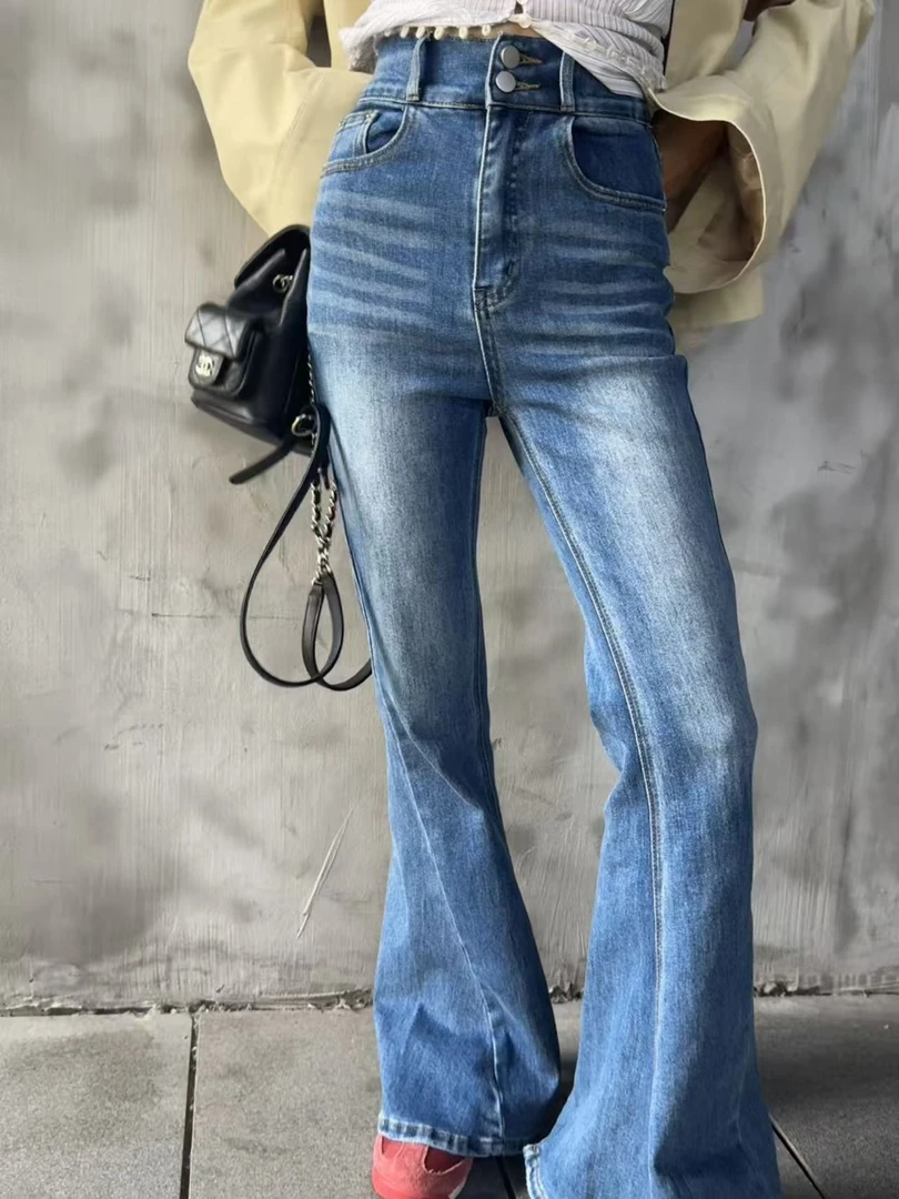2025东大门秋季新款超高腰大喇叭修身牛仔微喇裤