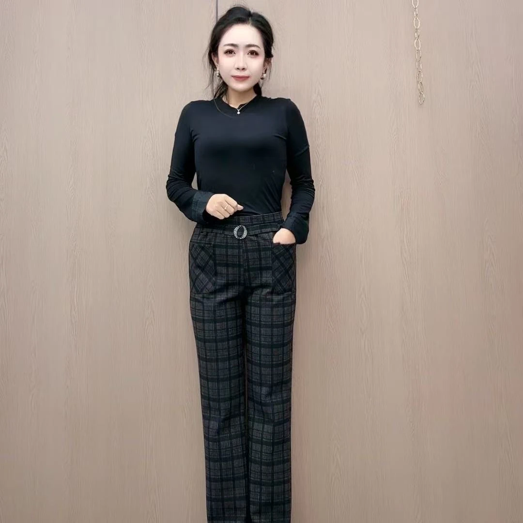 秋冬厚款格子高腰精品直筒休闲时尚女士毛呢裤弹力百搭阔腿裤长裤