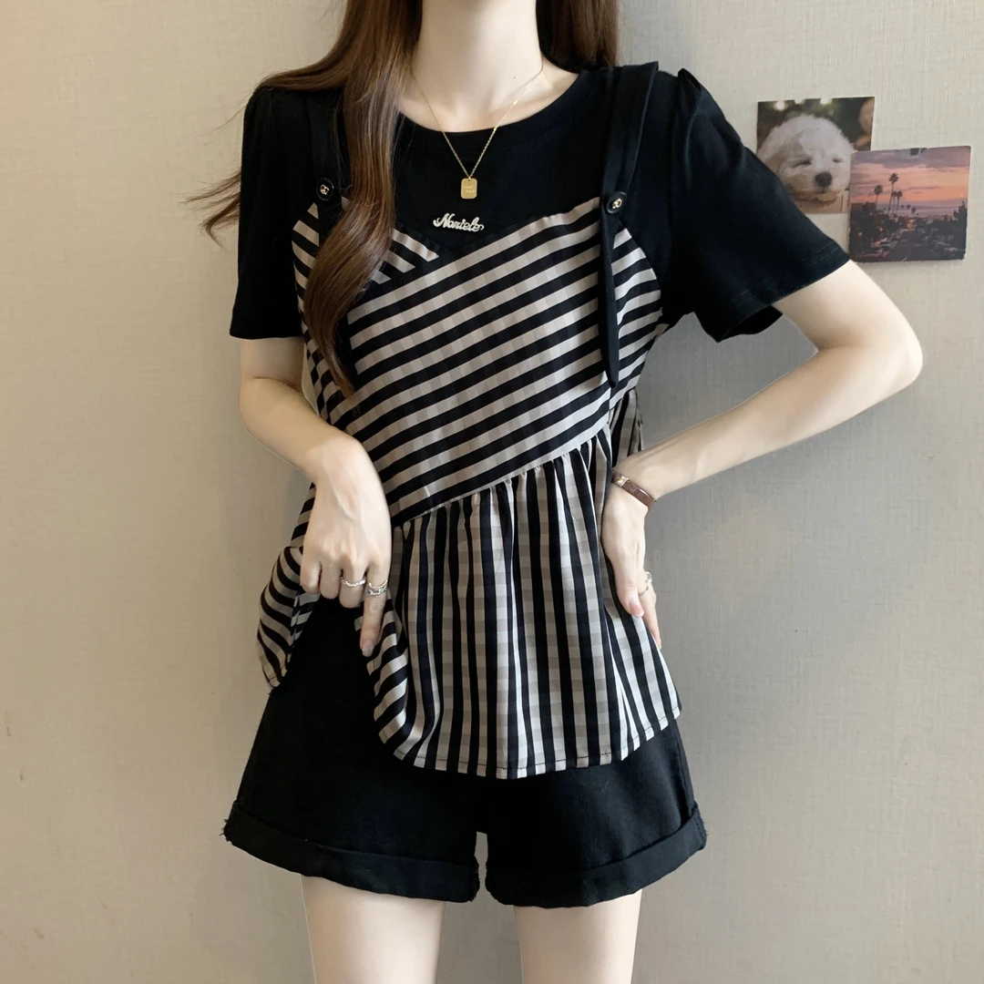 大码微胖MM洋气质高级感韩系上衣2025夏装爆款遮肉显瘦假两件T恤