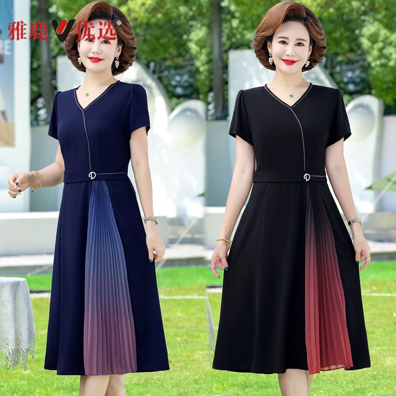 雅鹿妈妈夏装连衣裙中老年女装中长款中年妈妈装中年显瘦短袖裙