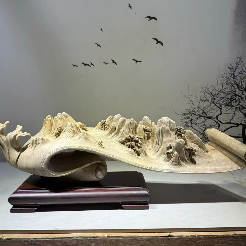 江山如画 小叶桢楠 木雕 玄关摆件 尺寸：82x22x30