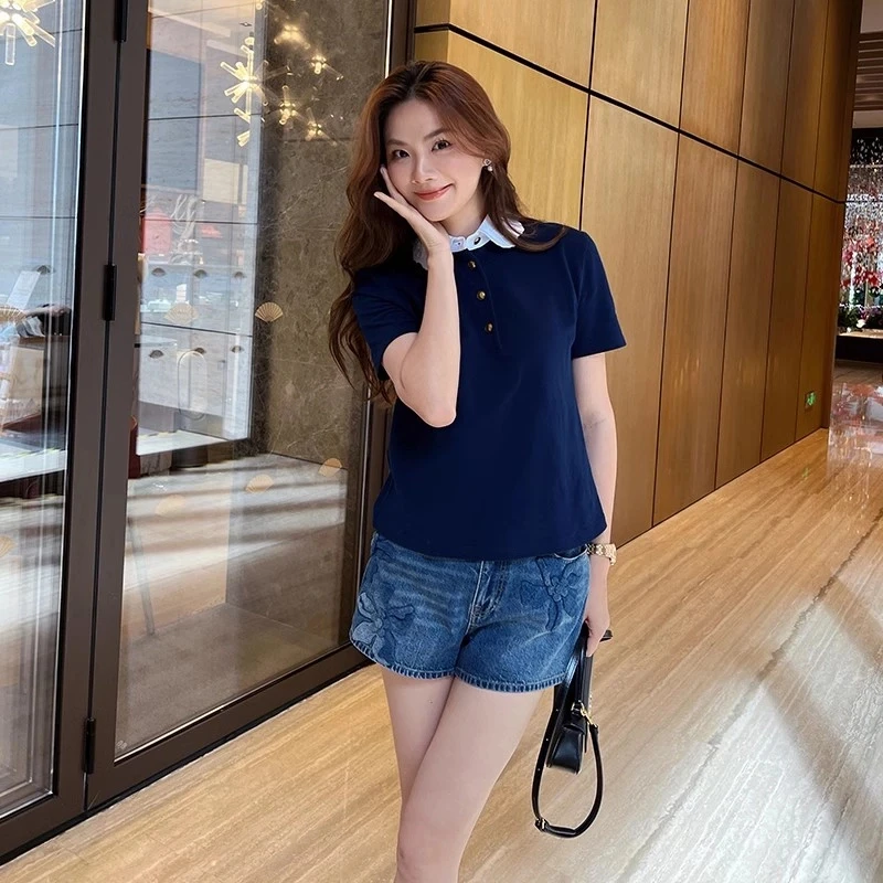 【琳媚】休闲气质优雅花边翻领短袖T恤女