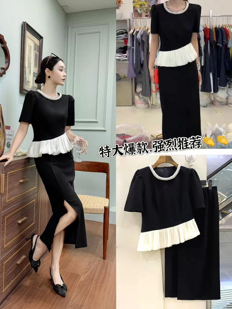 2025夏季新款时尚荷叶边撞色超显瘦高级感气质套装