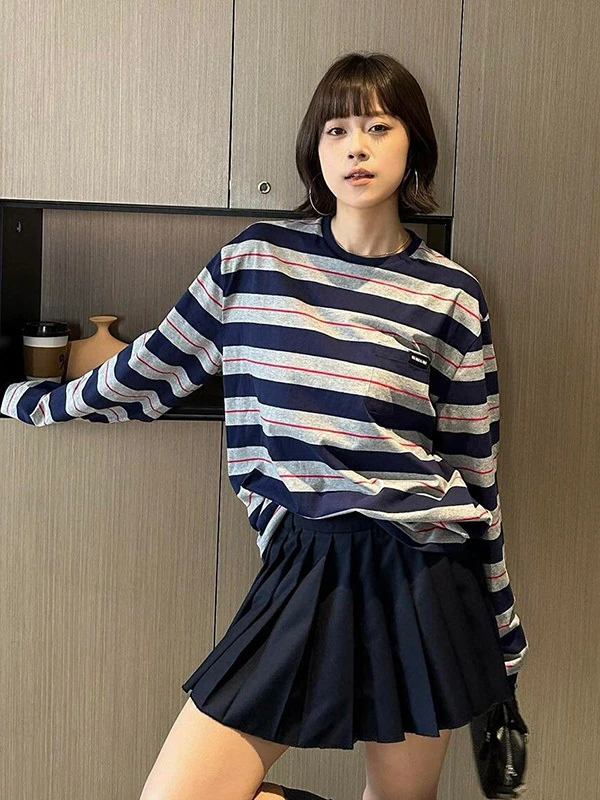 南油miu系穿搭条纹长袖T恤女2025春秋新款宽松圆领气质中长款上衣
