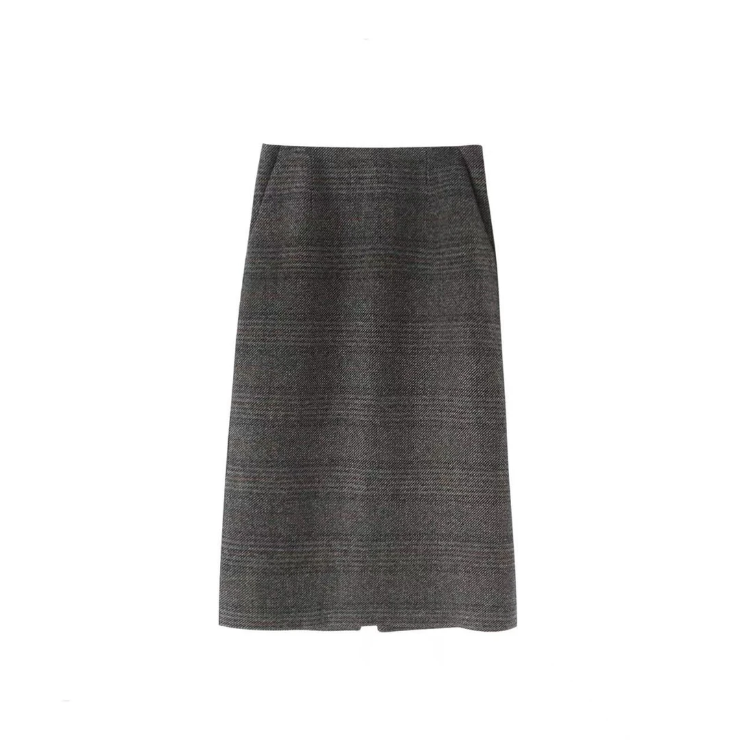 羊毛斜纹加厚侧袋后开叉高腰显瘦半身裙怀旧复古时尚冬季新款A裙