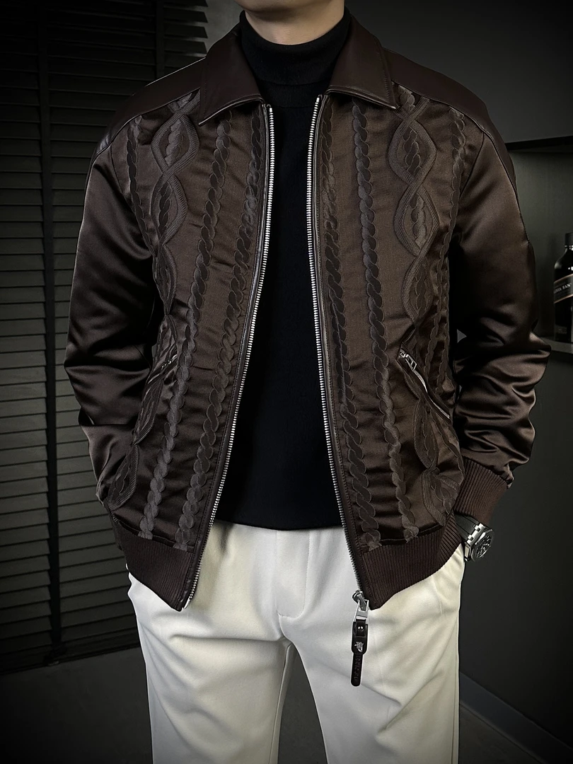 KING&GUCH秋季【醋酸提花拼皮】2025新款男士翻领休闲百搭夹克8092