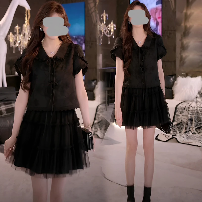 2025夏季新款设计感休闲蝴蝶结衬衫上衣女百搭时尚蛋糕网纱裙套装